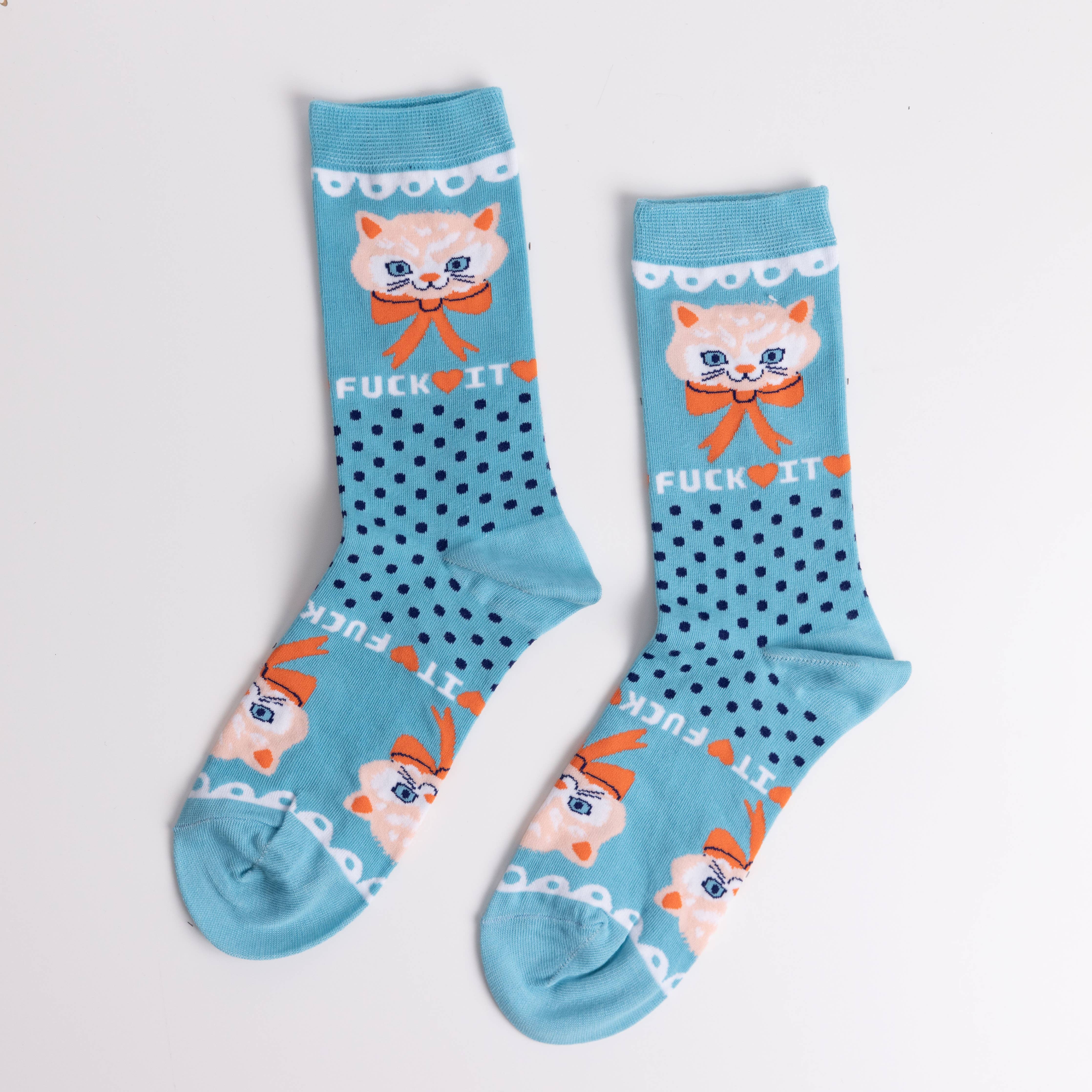 Yellow Owl Small Crew Socks - Fuck it Kitty